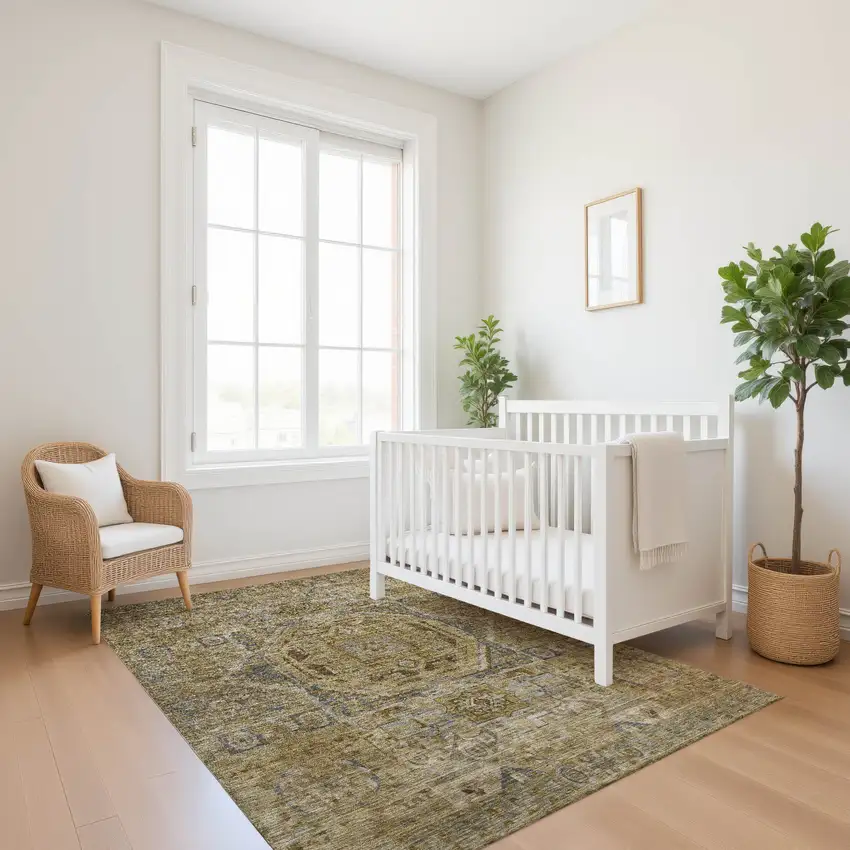 Brown And Blue Oriental Washable Area Rug With UV Protection Photo 4