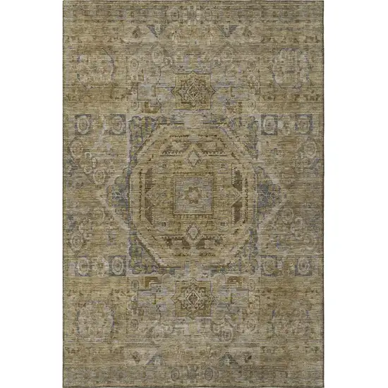 Brown And Blue Oriental Washable Area Rug With UV Protection Photo 2