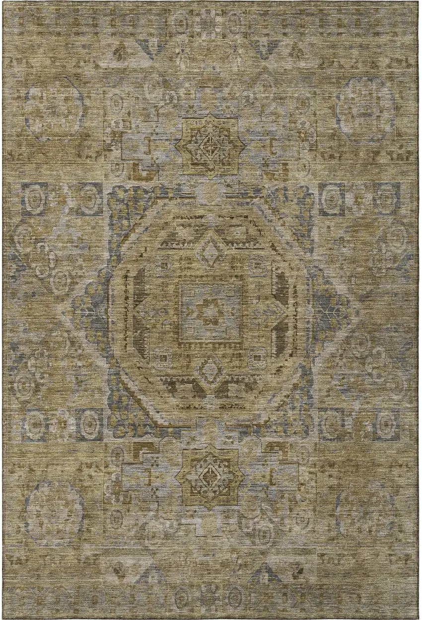 Brown And Blue Oriental Washable Area Rug With UV Protection Photo 2