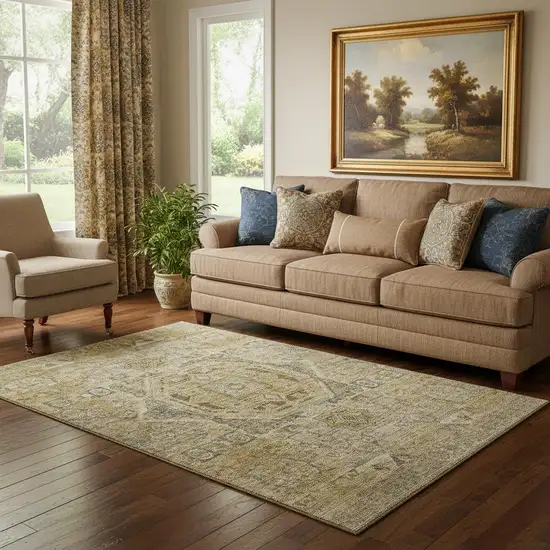 Brown And Blue Oriental Washable Area Rug With UV Protection Photo 2