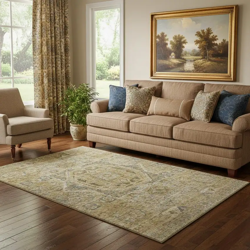 Brown And Blue Oriental Washable Area Rug With UV Protection Photo 2