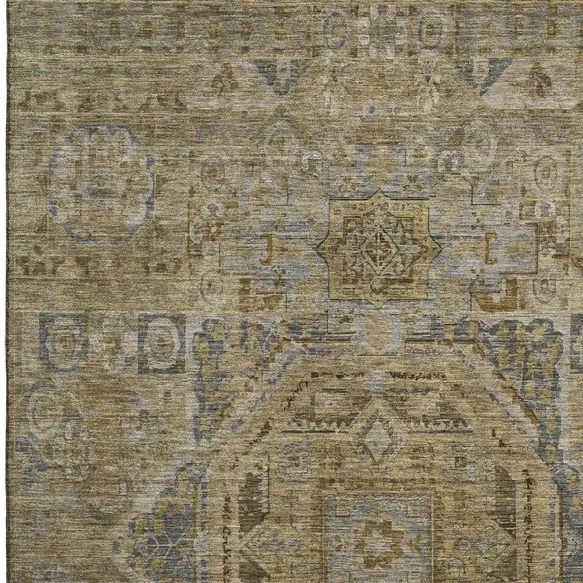 Brown And Blue Oriental Washable Area Rug With UV Protection Photo 2
