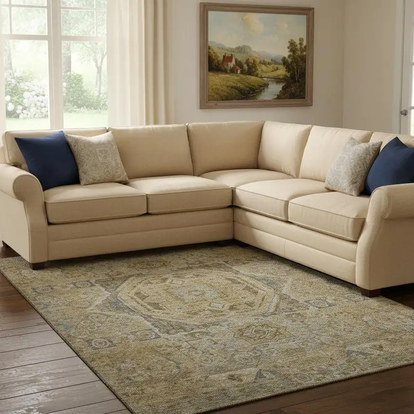 Brown And Blue Oriental Washable Area Rug With UV Protection Photo 2