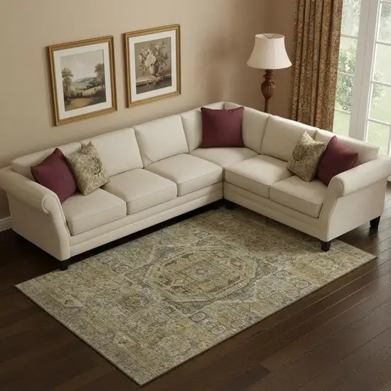 Brown And Blue Oriental Washable Area Rug With UV Protection Photo 2