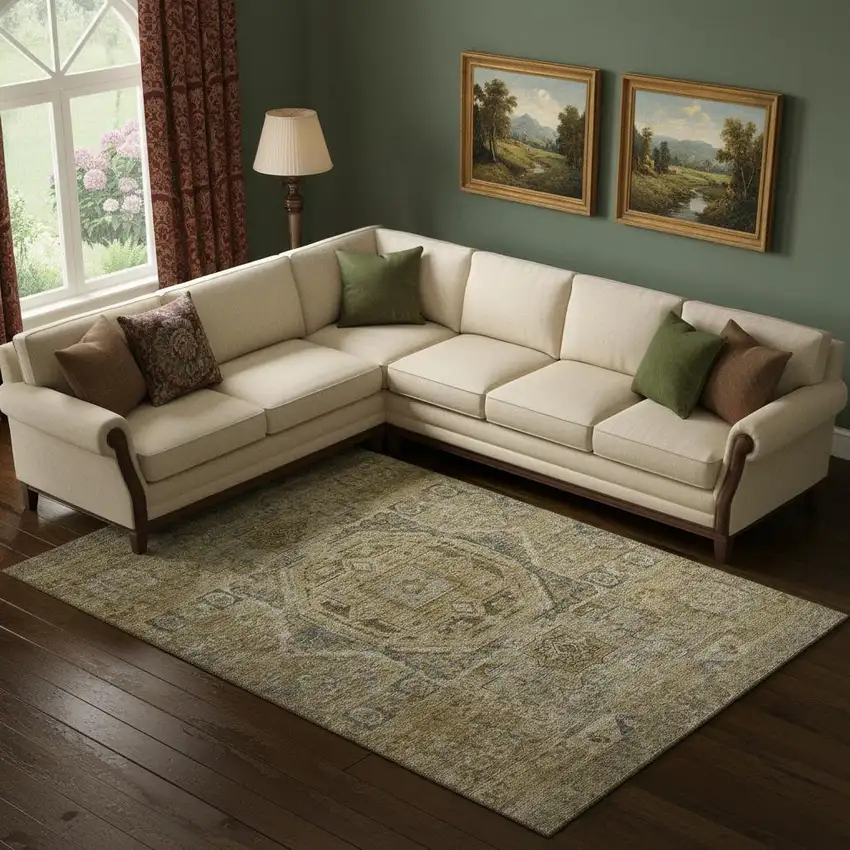 Brown And Blue Oriental Washable Area Rug With UV Protection Photo 2