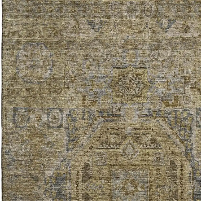 Brown And Blue Oriental Washable Area Rug With UV Protection Photo 2