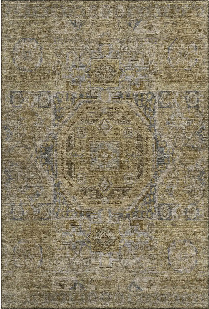 Brown And Blue Oriental Washable Area Rug With UV Protection Photo 1