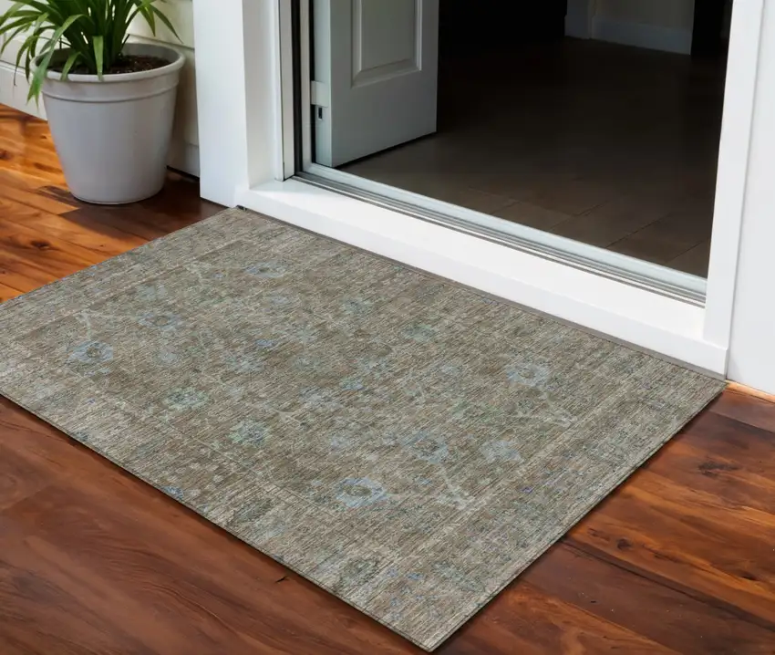 Brown And Blue Oriental Washable Indoor Outdoor Area Rug Photo 1