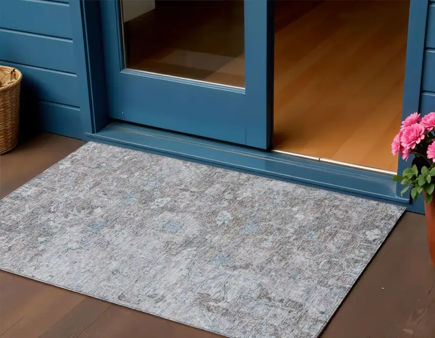 Brown And Blue Oriental Washable Indoor Outdoor Area Rug Photo 1