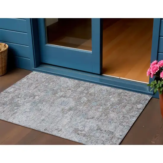 Brown And Blue Oriental Washable Indoor Outdoor Area Rug Photo 1
