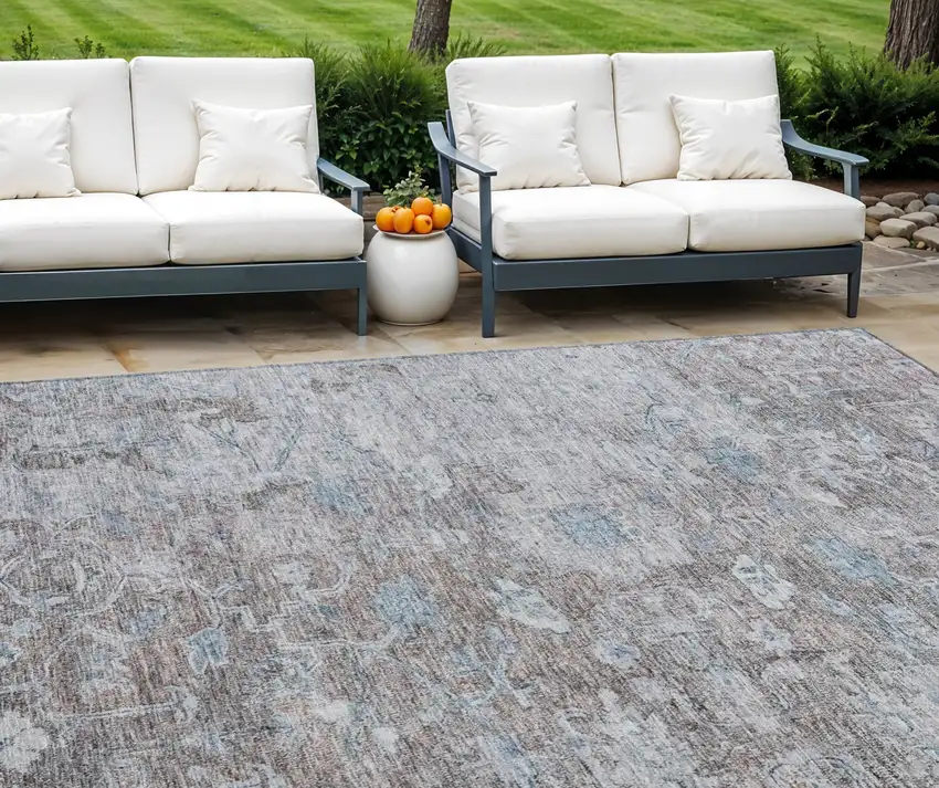Brown And Blue Oriental Washable Indoor Outdoor Area Rug Photo 1