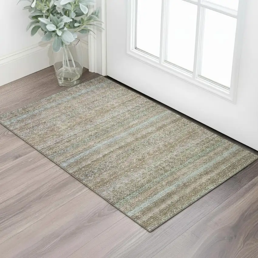 Brown And Blue Striped Washable Area Rug With UV Protection Photo 2