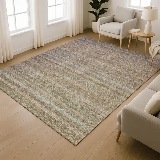 Brown And Blue Striped Washable Area Rug With UV Protection Photo 5