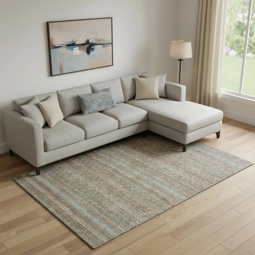 Brown And Blue Striped Washable Area Rug With UV Protection Photo 2