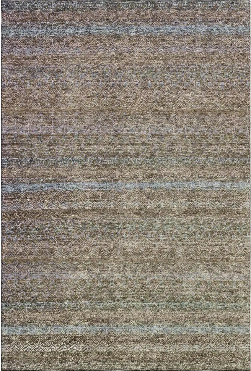 Brown And Blue Striped Washable Area Rug With UV Protection Photo 1
