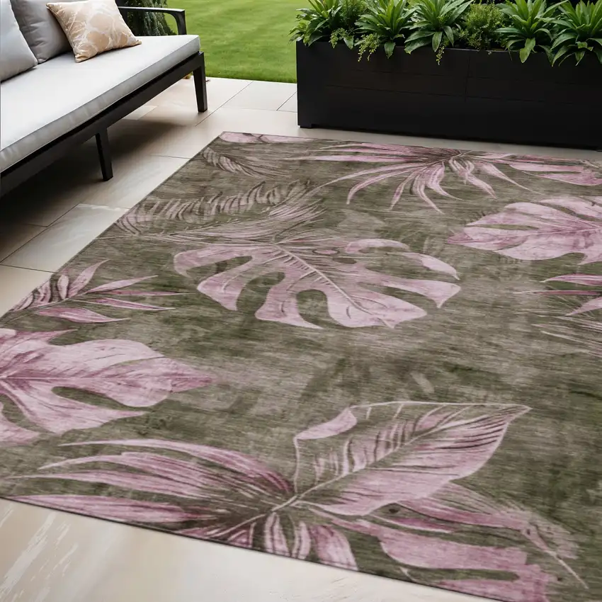 Brown And Blush Floral Washable Indoor Outdoor Area Rug Photo 2