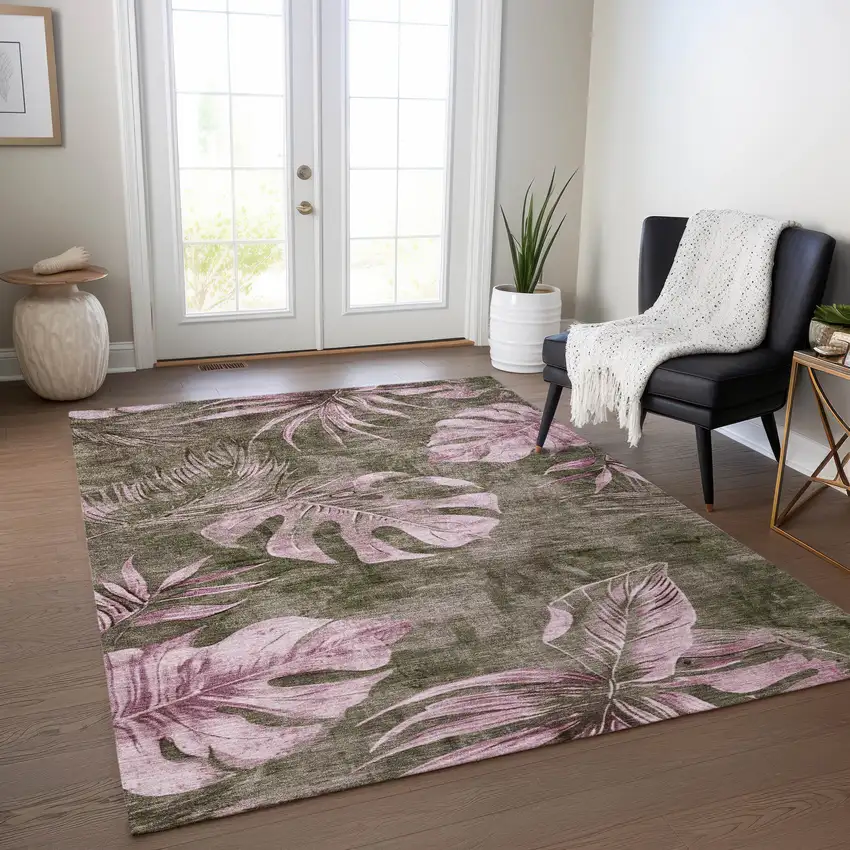 Brown And Blush Floral Washable Indoor Outdoor Area Rug Photo 7