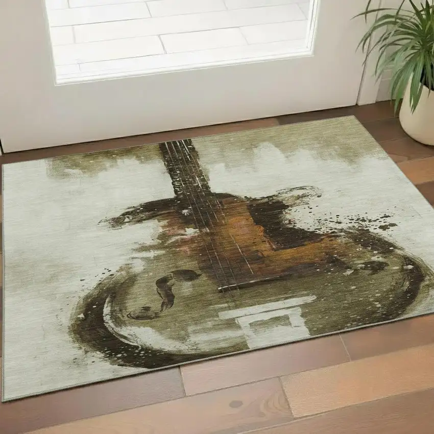 Brown And Charcoal Abstract Washable Area Rug With UV Protection Photo 2