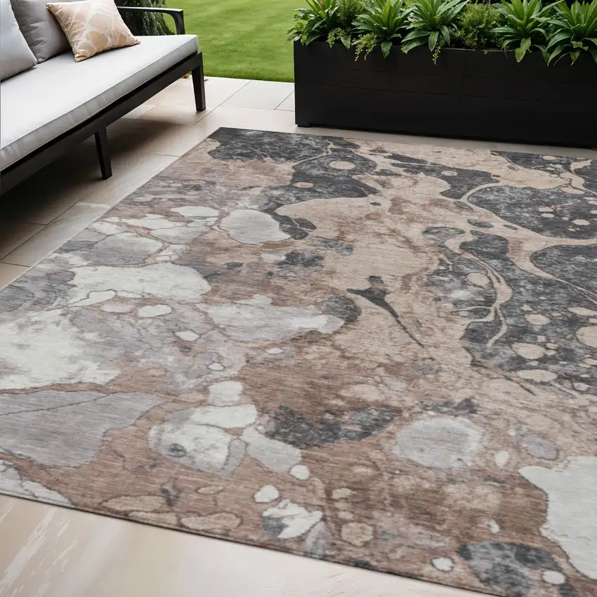 Brown And Charcoal Abstract Washable Indoor Outdoor Area Rug Photo 2