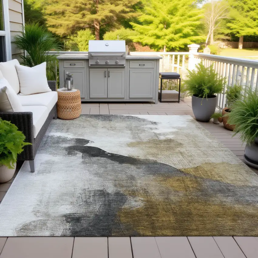 Brown And Charcoal Abstract Washable Indoor Outdoor Area Rug Photo 4