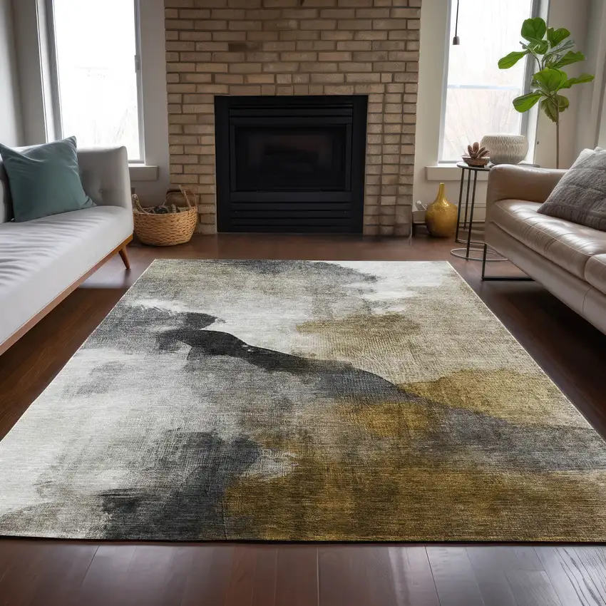 Brown And Charcoal Abstract Washable Indoor Outdoor Area Rug Photo 6