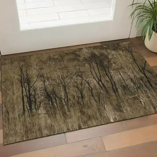 Brown And Charcoal Floral Washable Area Rug With UV Protection Photo 2