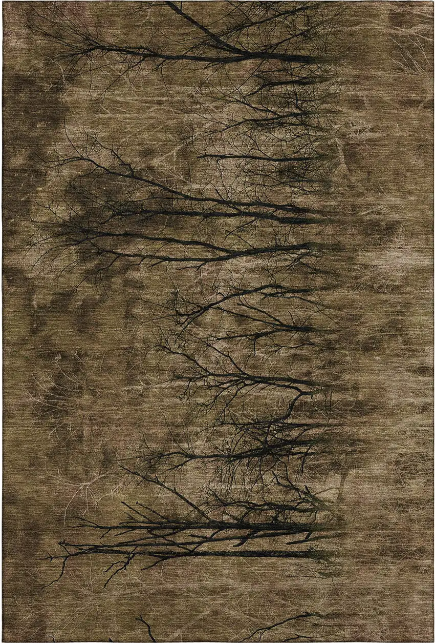 Brown And Charcoal Floral Washable Area Rug With UV Protection Photo 1