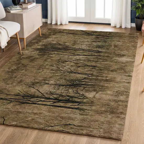 Brown And Charcoal Floral Washable Area Rug With UV Protection Photo 6