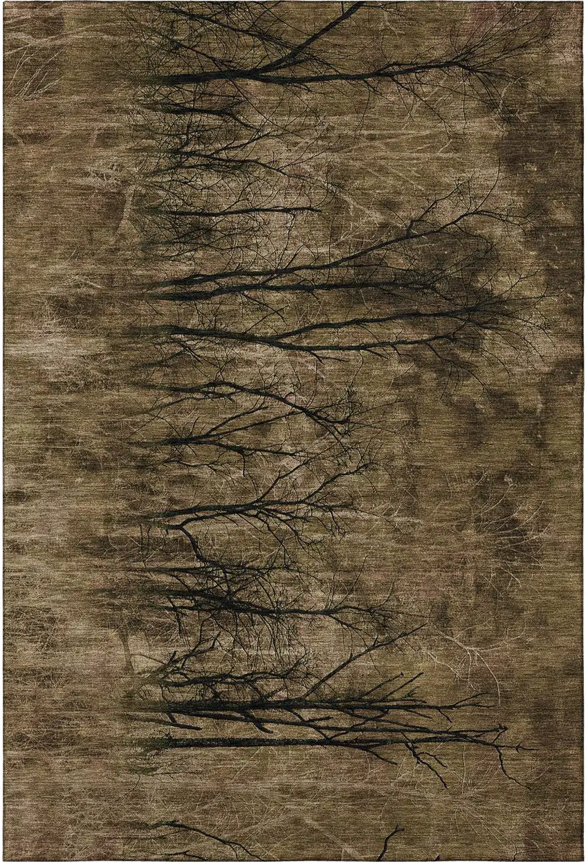 Brown And Charcoal Floral Washable Area Rug With UV Protection Photo 4