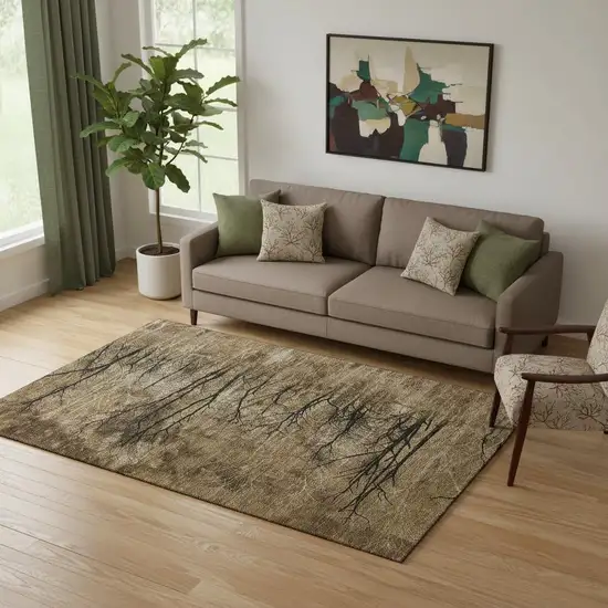 Brown And Charcoal Floral Washable Area Rug With UV Protection Photo 2