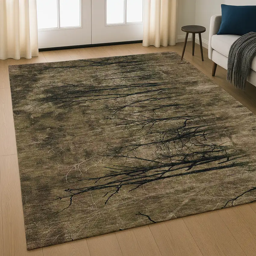 Brown And Charcoal Floral Washable Area Rug With UV Protection Photo 5