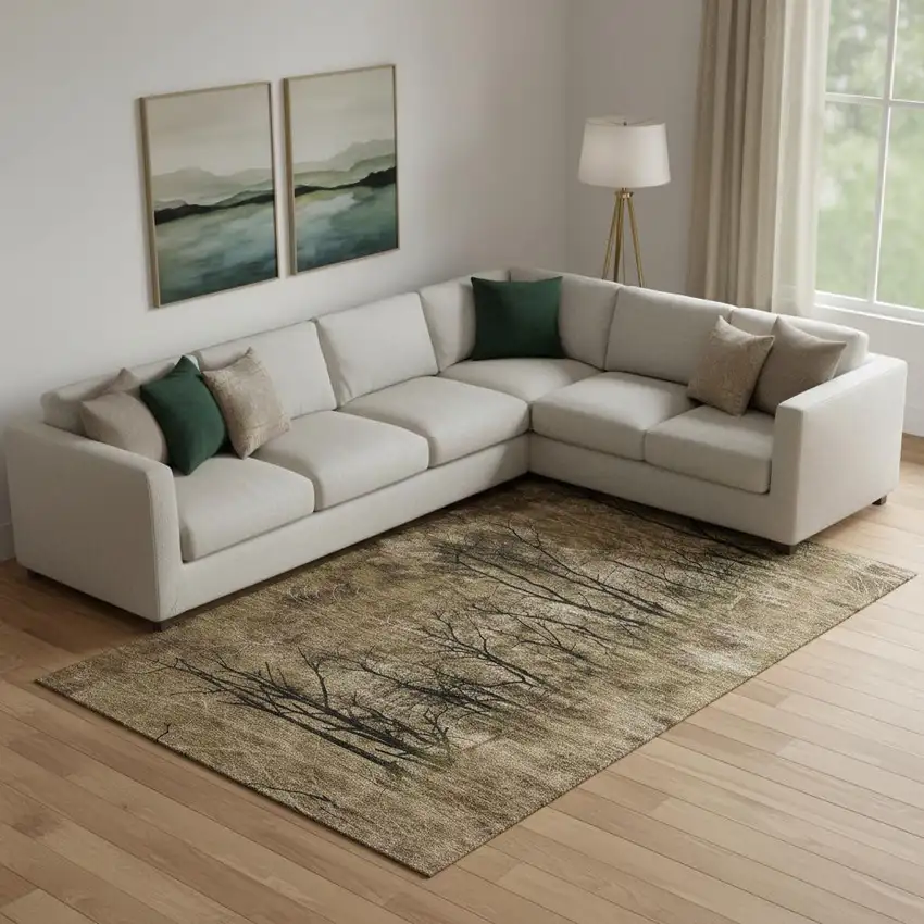 Brown And Charcoal Floral Washable Area Rug With UV Protection Photo 2