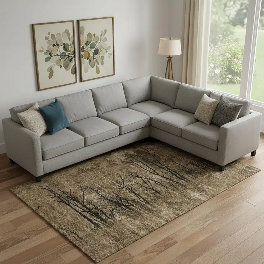 Brown And Charcoal Floral Washable Area Rug With UV Protection Photo 2