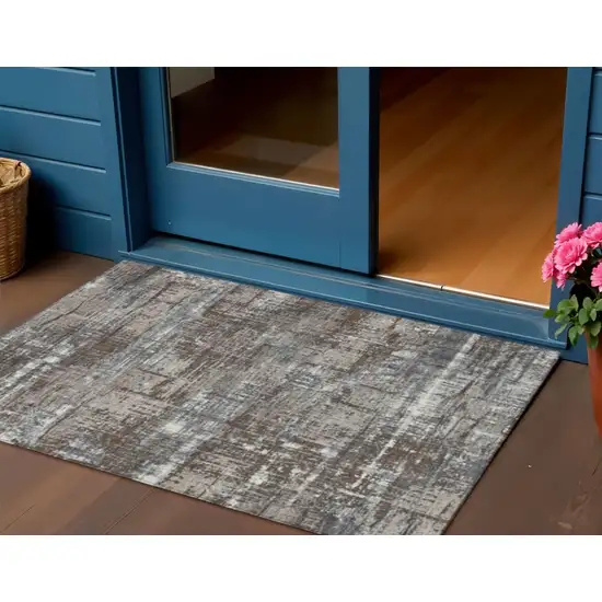 Brown And Charcoal Geometric Washable Indoor Outdoor Area Rug Photo 2