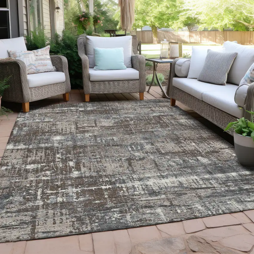 Brown And Charcoal Geometric Washable Indoor Outdoor Area Rug Photo 3