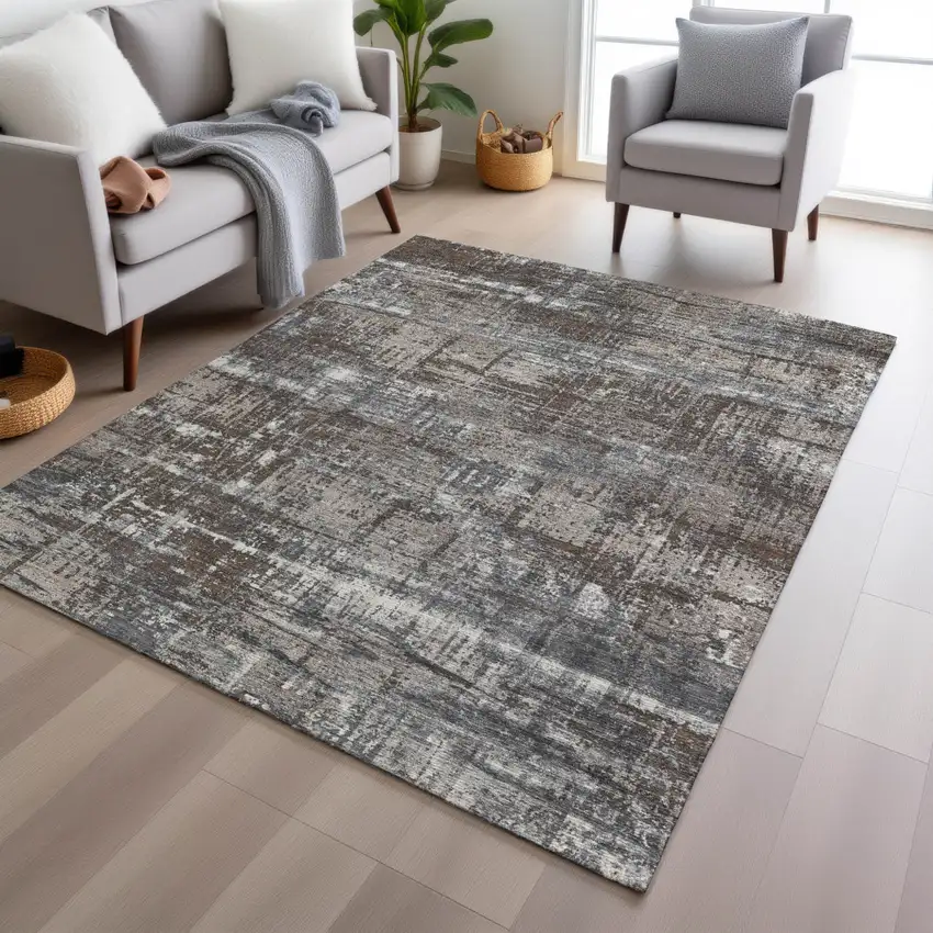 Brown And Charcoal Geometric Washable Indoor Outdoor Area Rug Photo 4