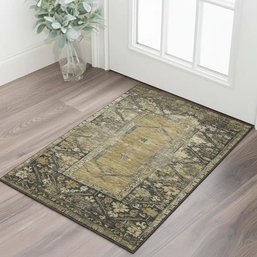 Brown And Charcoal Oriental Washable Area Rug With UV Protection Photo 2