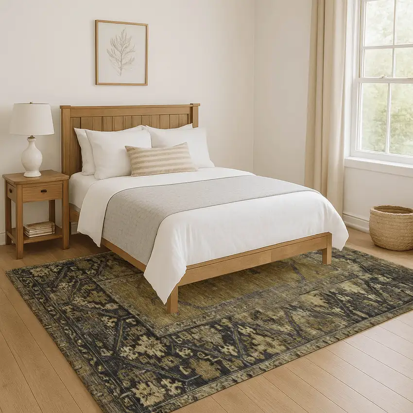 Brown And Charcoal Oriental Washable Area Rug With UV Protection Photo 5