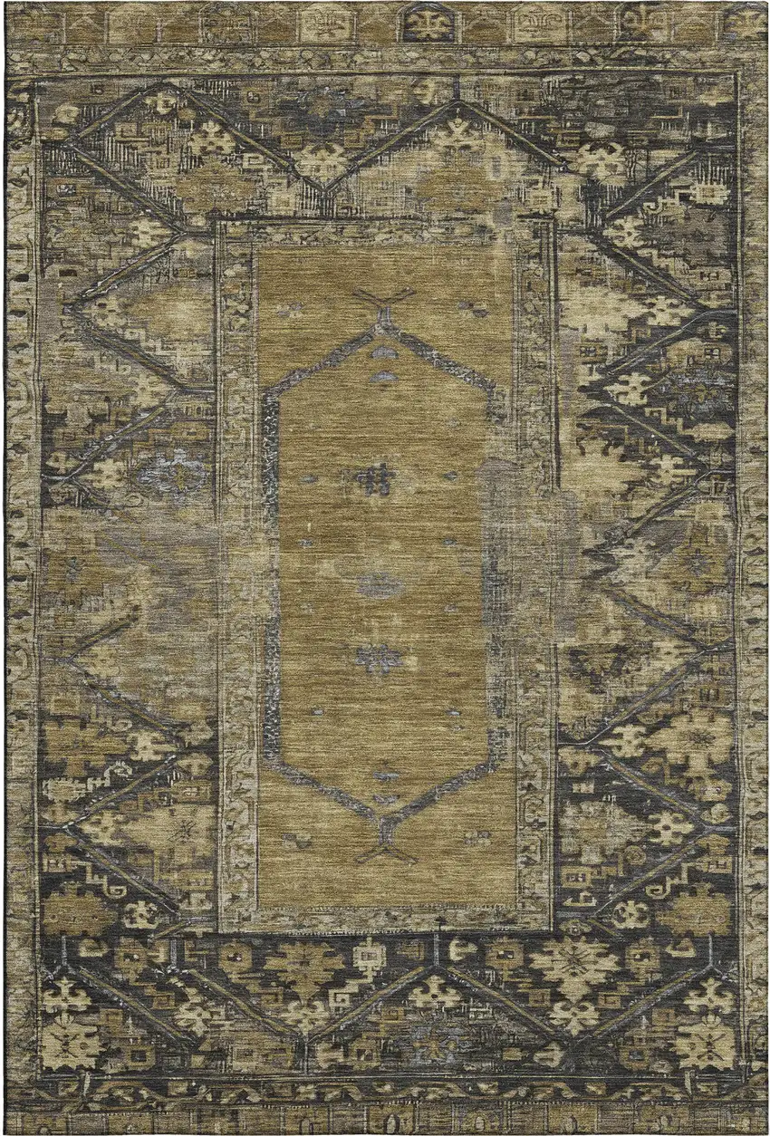 Brown And Charcoal Oriental Washable Area Rug With UV Protection Photo 1