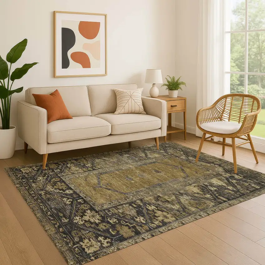 Brown And Charcoal Oriental Washable Area Rug With UV Protection Photo 4