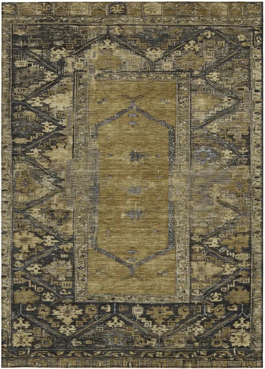 Brown And Charcoal Oriental Washable Indoor Outdoor Area Rug Photo 5