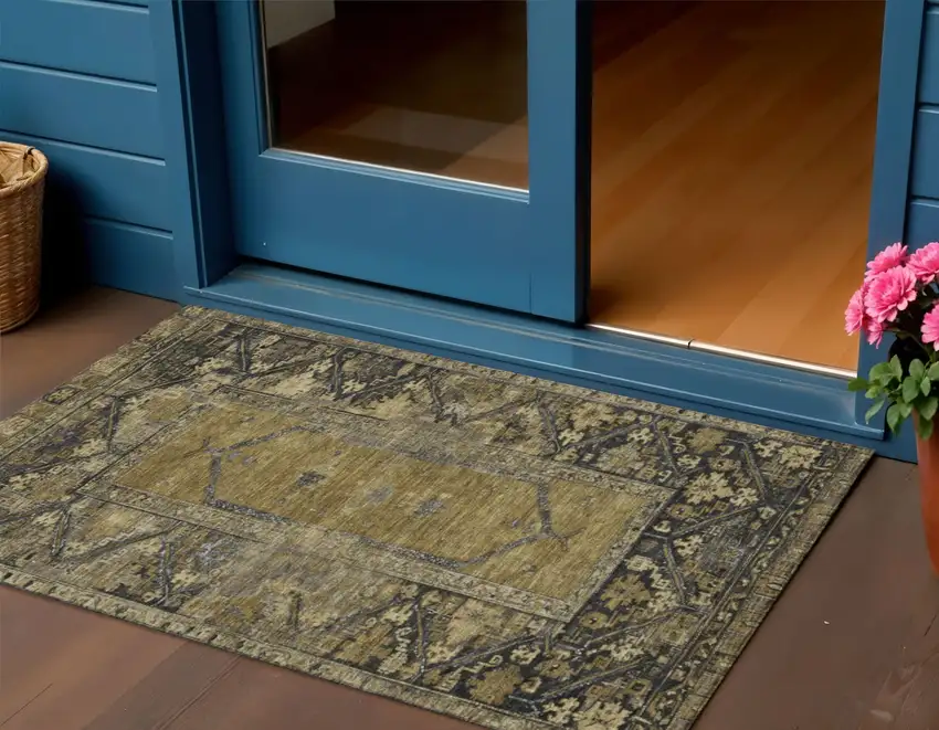 Brown And Charcoal Oriental Washable Indoor Outdoor Area Rug Photo 2