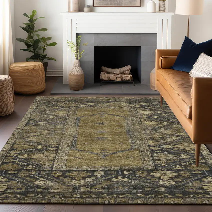 Brown And Charcoal Oriental Washable Indoor Outdoor Area Rug Photo 7