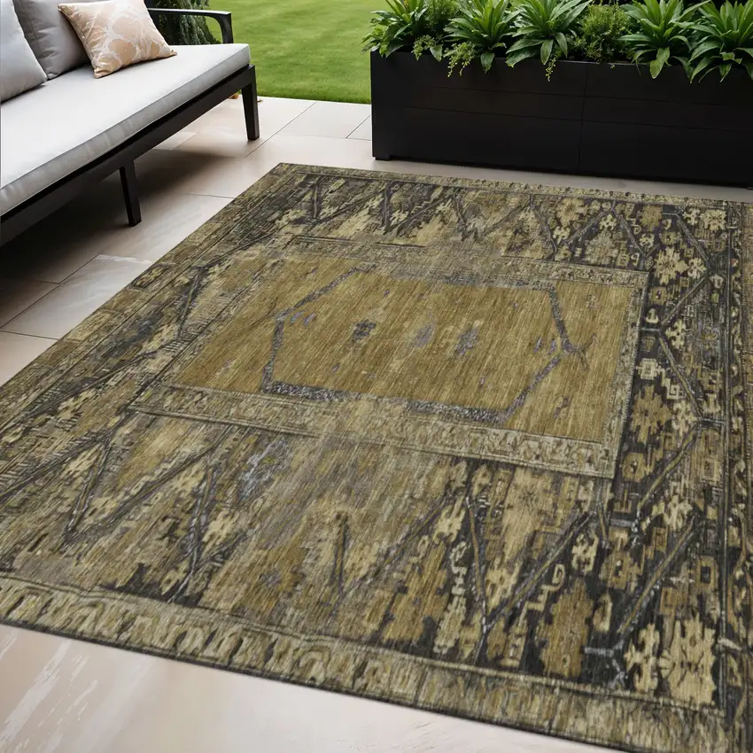 Brown And Charcoal Oriental Washable Indoor Outdoor Area Rug Photo 2