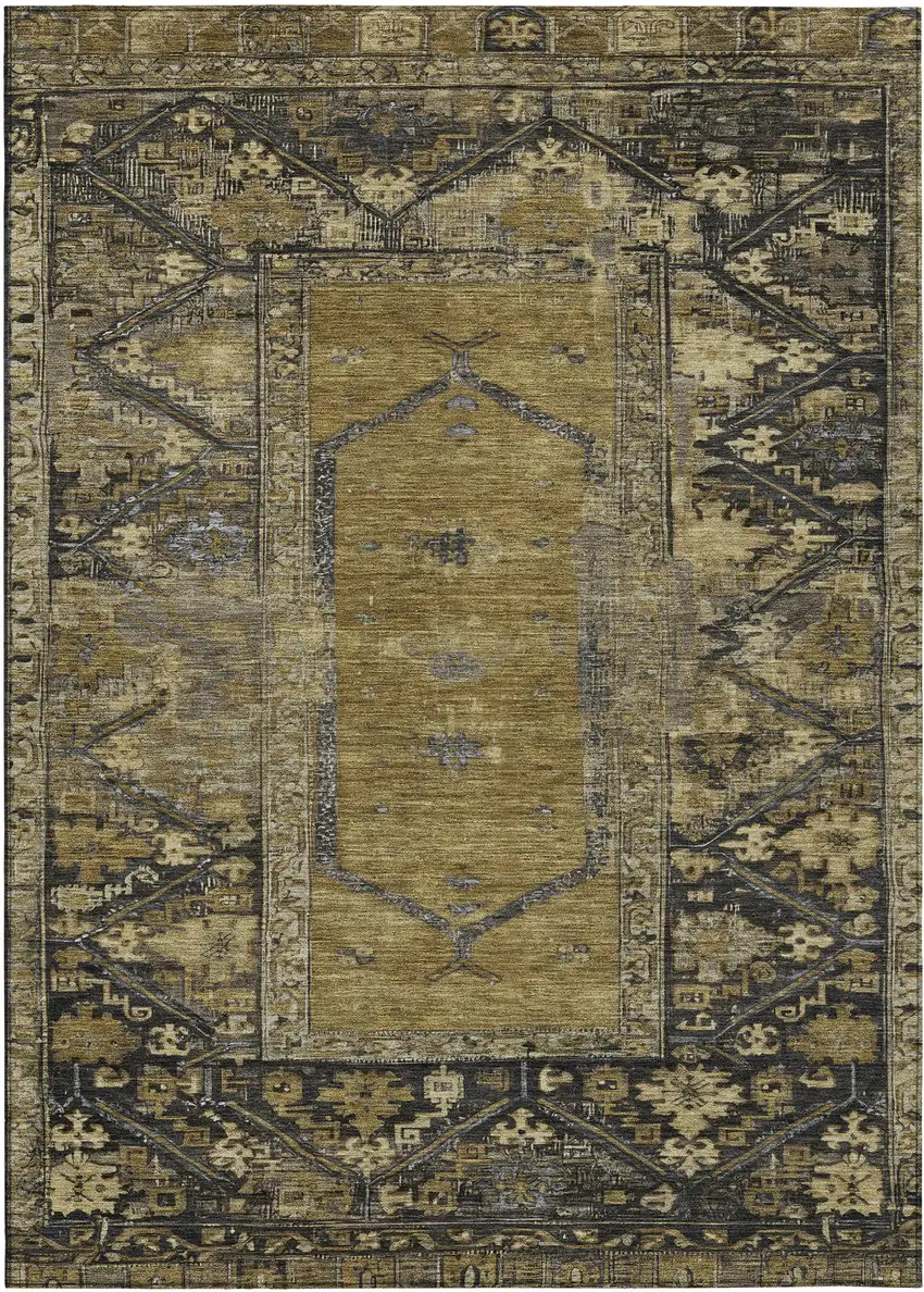 Brown And Charcoal Oriental Washable Indoor Outdoor Area Rug Photo 1