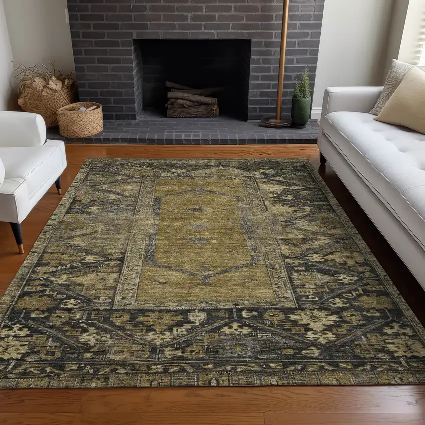 Brown And Charcoal Oriental Washable Indoor Outdoor Area Rug Photo 9