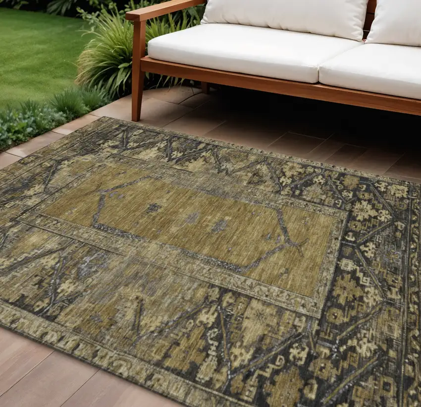 Brown And Charcoal Oriental Washable Indoor Outdoor Area Rug Photo 2