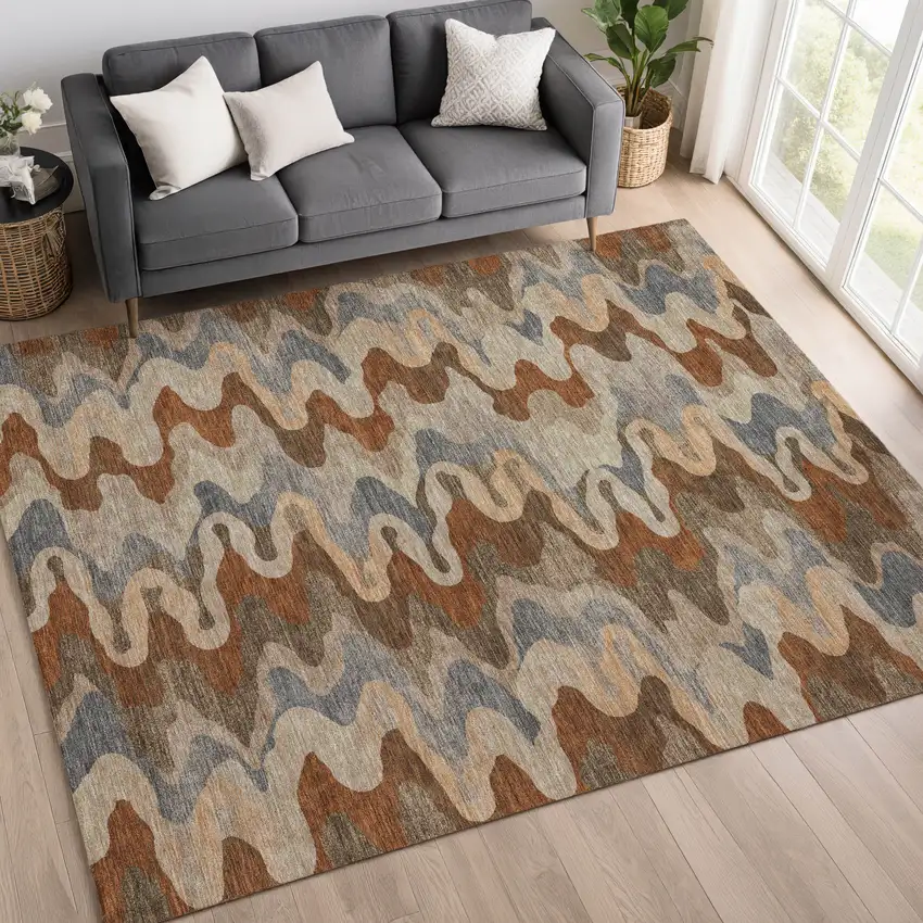 Brown And Chocolate Abstract Washable Indoor Outdoor Area Rug Photo 6