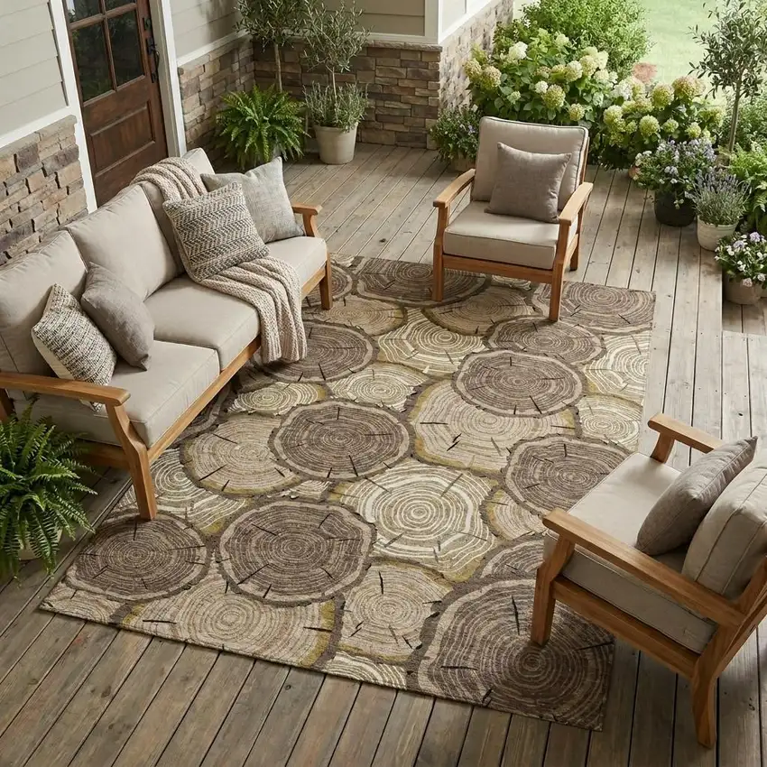Brown And Chocolate Faux Bois Washable Indoor Outdoor Area Rug Photo 1