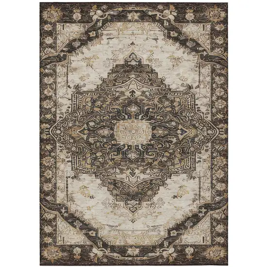 Brown And Chocolate Floral Medallion Washable Indoor Outdoor Area Rug Photo 3